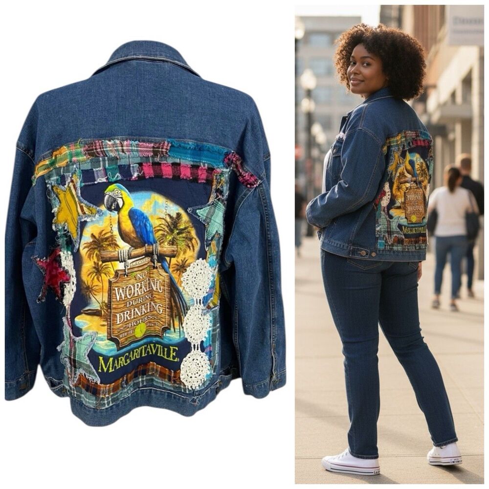 Upcycled Denim Jacket Womens 3X Margaritaville Grunge Patchwork Folk Art Boho
